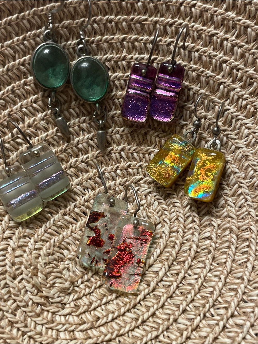 5 Pair Colorful Glass Dangle Earrings - Purple, Green, Gold, Red